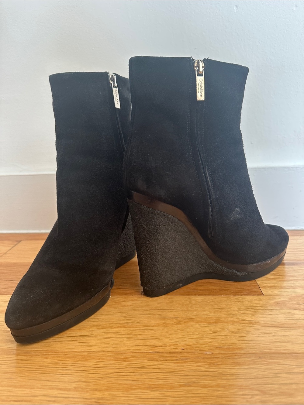 Calvin Klein Black Suede Wedge Ankle Boots with Side Zipper